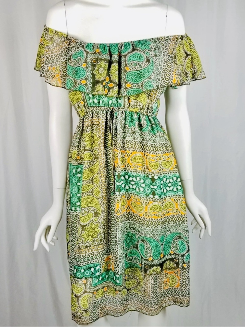 One World Bohemian Patchwork Paisley Ruffle Dress S Flowy Earthy Fairy Grunge